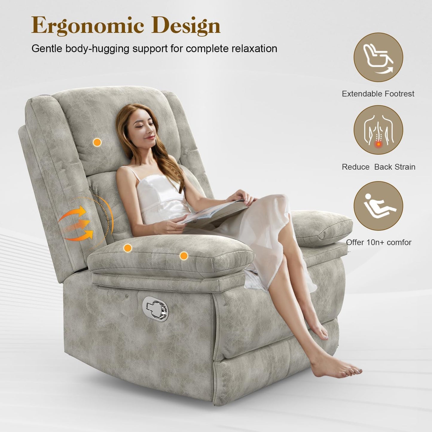 Recliner Chair for Adults, Oversized Manual Pull Tab Reclining Chair, 2-Tier Cushions, Minimalist Style Single Sofa for Living Room, RV (Polished Microfiber)