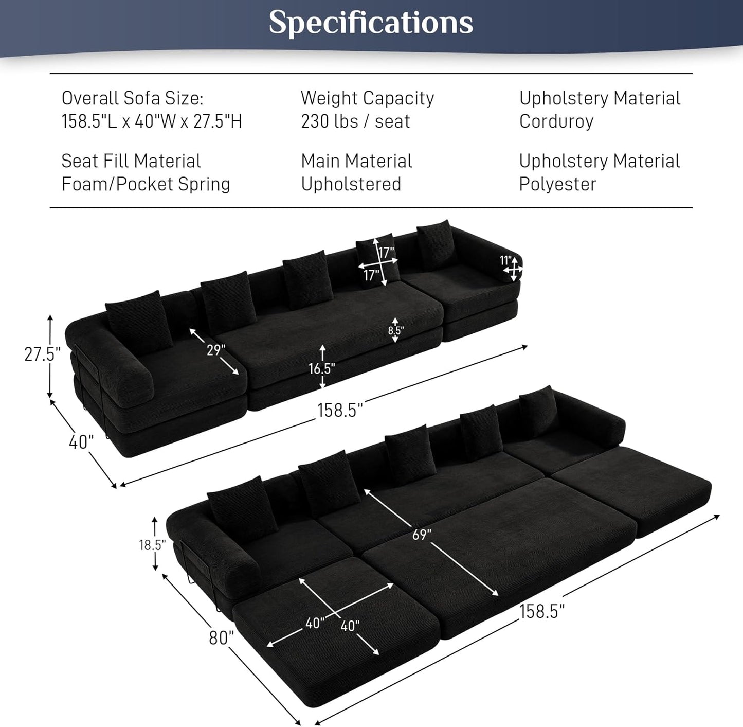 Modular Sectional Loveseat Sofa Cloud Boneless Couch, Modern Sleeper Sofa for Customizable Living Spaces, Cozy Modular Couch for Indoor Room, No Assembly Required, Black