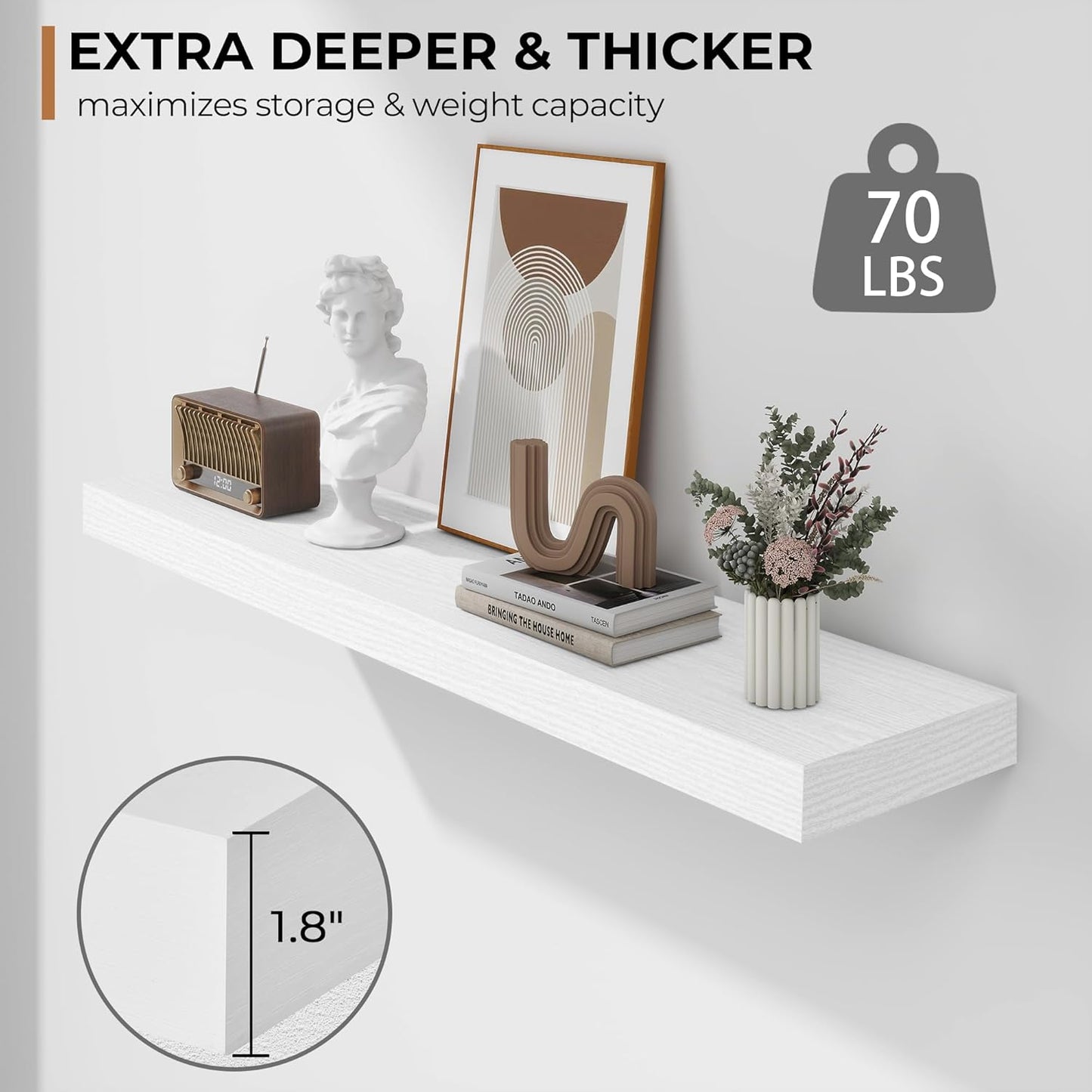 Fun Memories 36 Inch Floating Shelves - Deep Rustic White Wooden Wall Shelves - Extra Deeper & Thicker Wall Mounted Storage Shelf for Bedroom, Kitchen, Farmhouse - 2 Pack, Rustic White