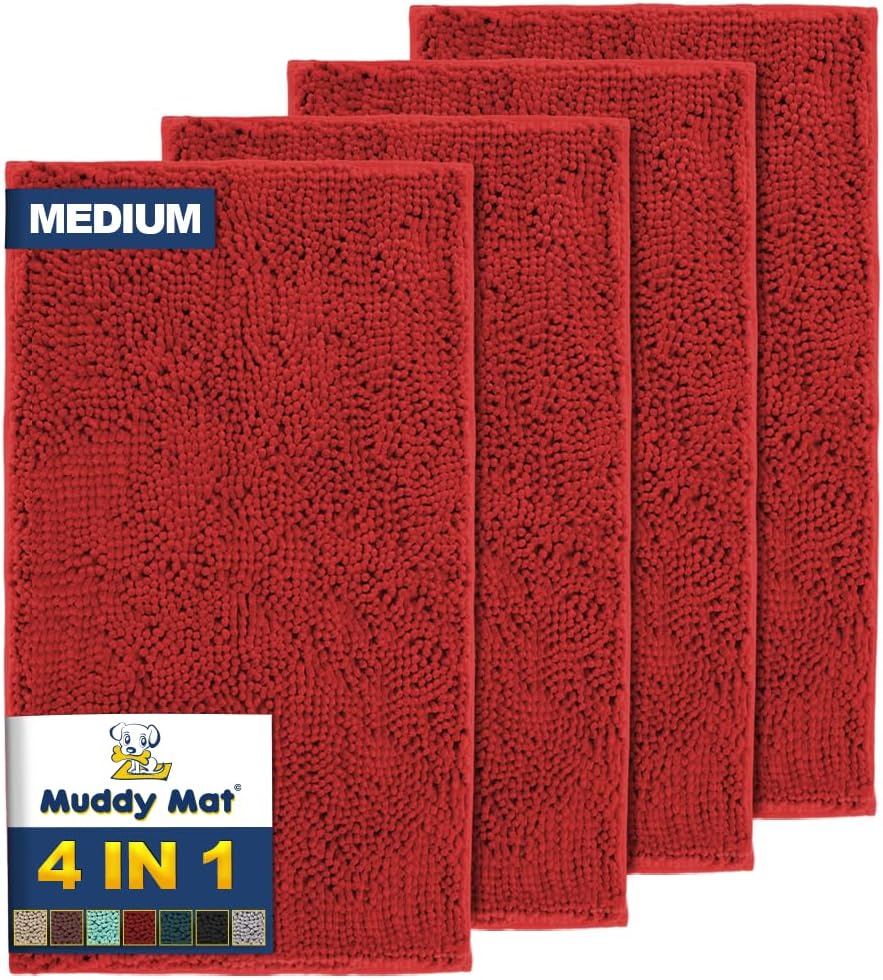 Muddy Mat® 4-Piece Red Medium 30"X19" AS-SEEN-ON-TV Highly Absorbent Microfiber Door Mat, Bath Mat and Pet Rug, Non Slip Thick Washable, Soft Chenille for Kitchen Bathroom Bedroom Indoor and Outdoor