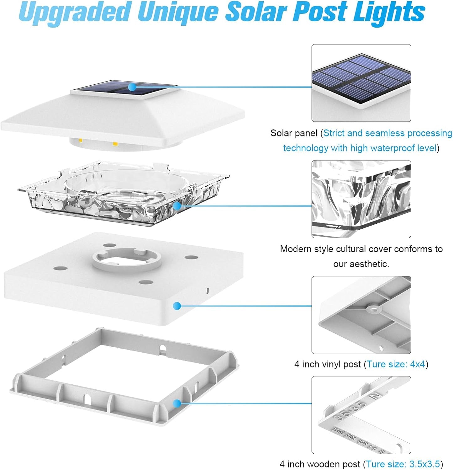 VOLISUN 4x4 Solar Post Cap Light 16pack,Solar Fence - Cap Lights Outdoor Waterproof for Wooden/Vinyl Post, White Deck Post Light Solar Powered with Warm White for Garden/Patio/Porch