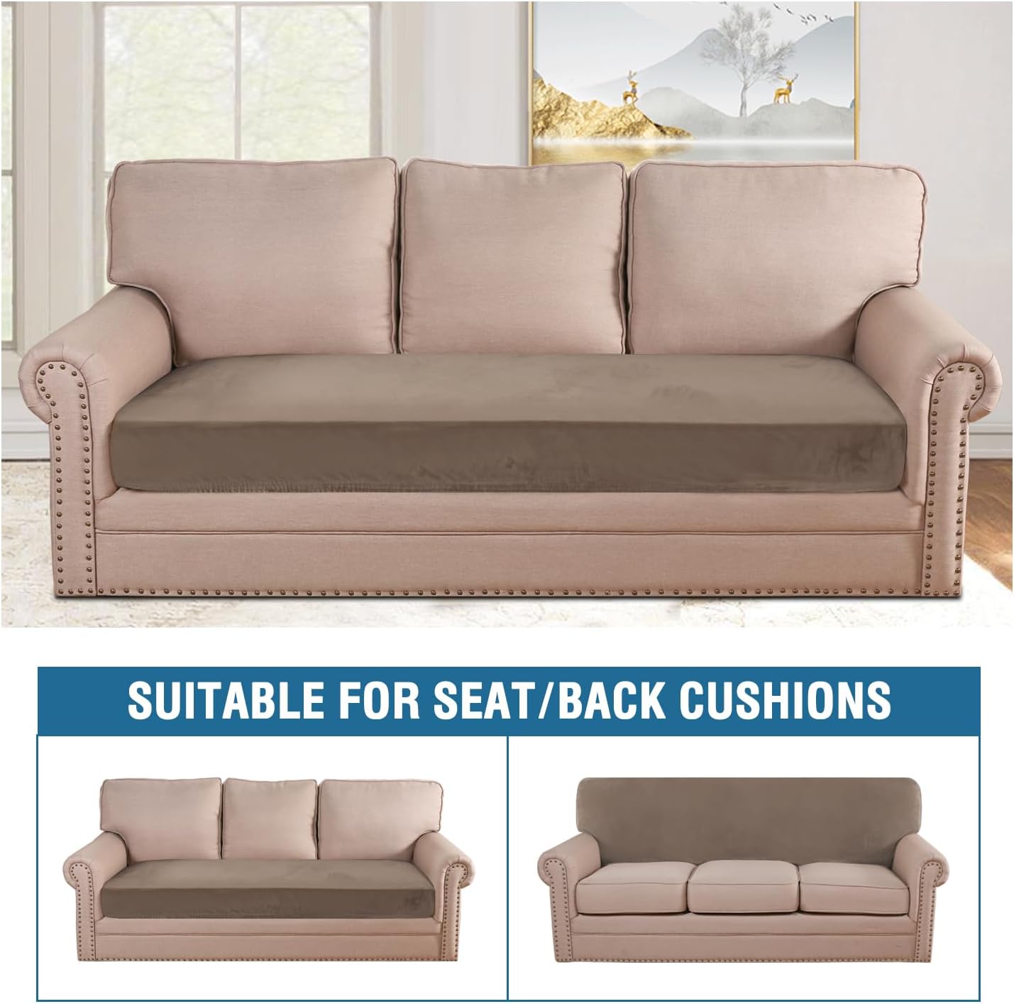 H.VERSAILTEX Velvet Stretch Individual Couch Cushion Cover Plush Cushion Slipcover for Loveseat Sofa Cushion Furniture Protector Seat Cushion Sofa Cover (1 Piece Sofa Cushion Cover, Mocha)