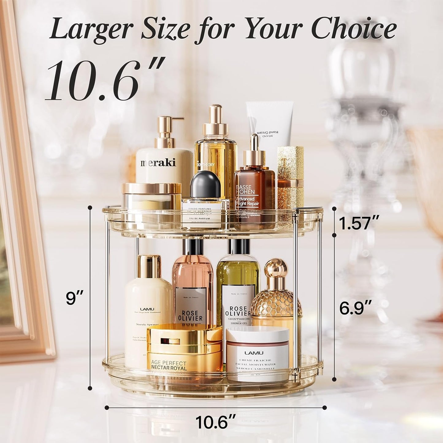 LAMU 2 Pack 2 Tier Lazy Susan Turntable Organizer 10.6'' Rotating Spice Rack Organization for Cabinet, Kitchen, Pantry, Countertop, Bathroom, Vanity, Medicine Cabinet Organizer, Amber