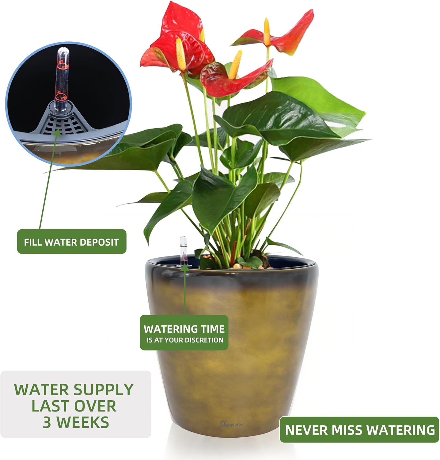 Dexceder 13x12 Self Watering Planter with Wheels Indoor Outdoor, Inner Pot Design, Thickened Large Floor Standing Flower Plant Pot with Water Level Indicator (Yellow Brown Gradient)