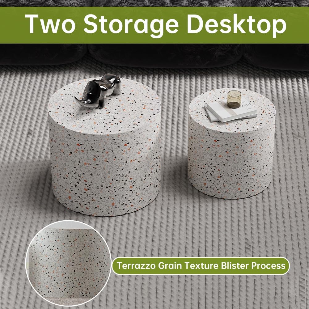 Round Nesting Coffee Tables Modern Terrazzo Coffee Table Small Round Coffee Table Circular Side Table Accent End Table Nesting Coffee Tables Set of 2 for Living Room (Terrazzo)