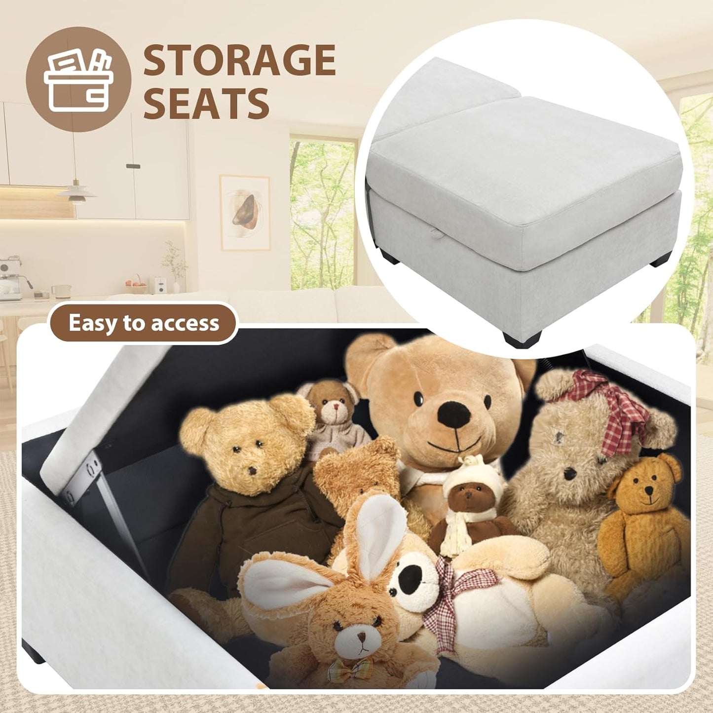 mestyl Modular Sectional Sofa Convertible U Shaped Sofa Couch Set with Storage for Living Room, Modern 3 Seater Modular Sectional Couch with 2 Movable Ottoman (Beige)