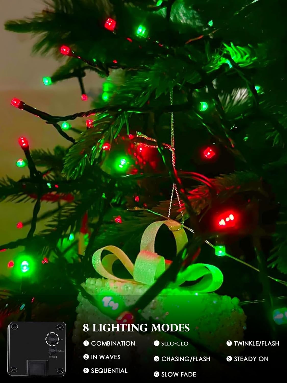 Red Green Solar Christmas Lights Outdoor Decorations Waterproof, Tatal 4 Pack 400LED 132FT Solar String Lights Green Wire with 8 Modes, Christmas Fairy Light for Xmas Tree Party Wedding Garden Decor