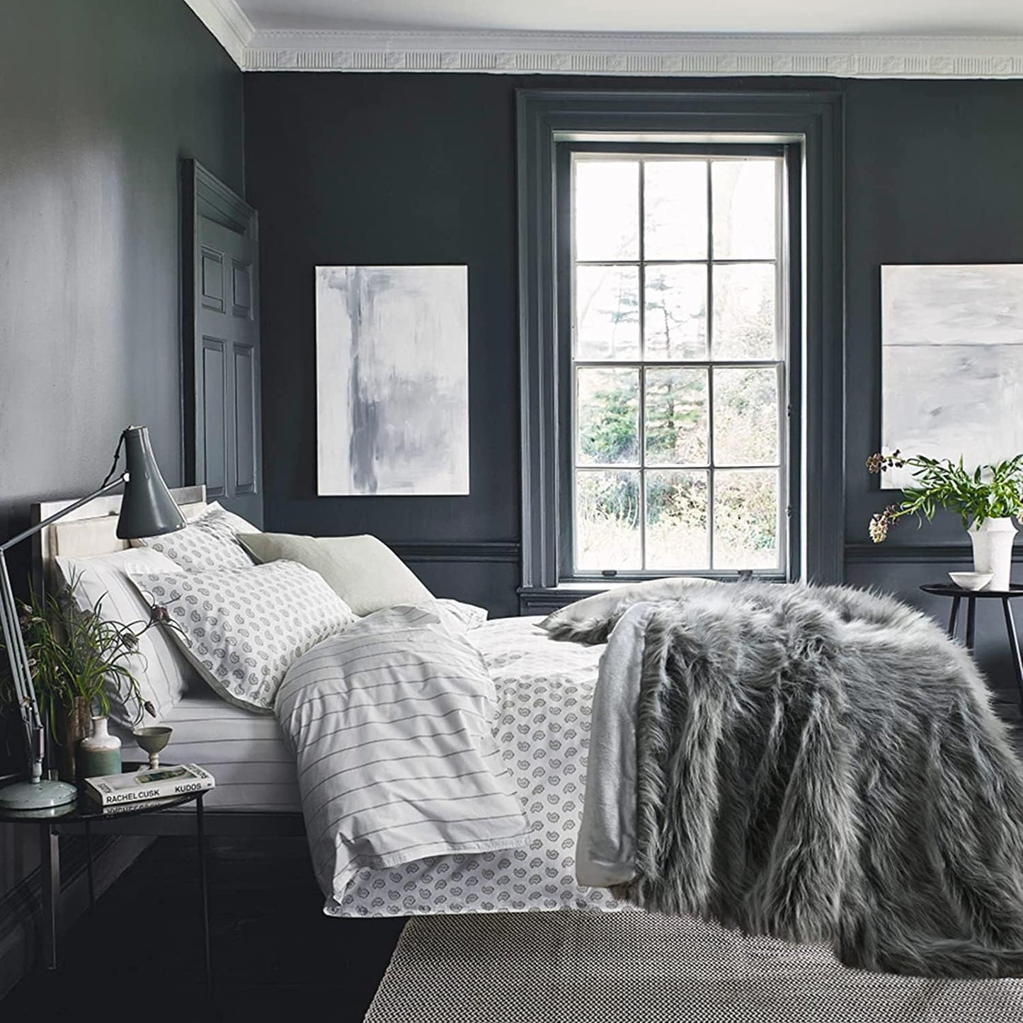 Luxury Faux Fur Blanket Queen Size, Ultra Big Grey and Black High Pile Mixed Faux Fur Throw, Oversized Super Warm, Fuzzy, Elegant, Fluffy Decoration Throw Blanket for Sofa, Couch and Bed, 90''x 90"