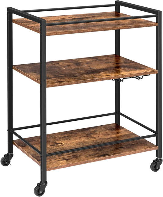 HOOBRO Bar Cart for The Home, Serving Cart with Wine Glass Hooks, Rolling Kitchen Cart with Lockable Wheels, 25.2 x 15.7 x 33.3 Inches Beverage Cart with Storage Shelves, Rustic Brown BF02TC01