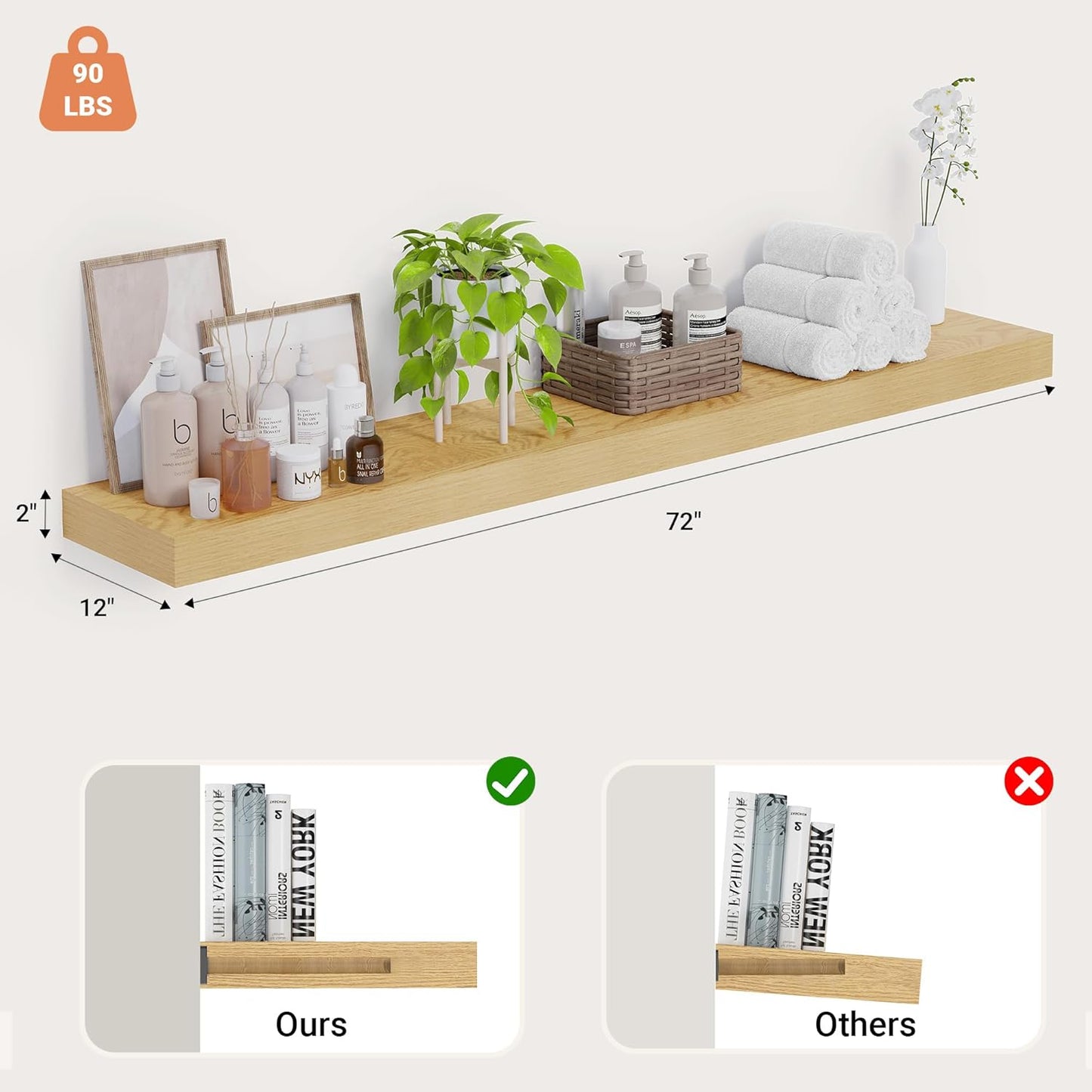 Heimlove 12 Inch Deep Floating Shelves, 72 x 12 inches Long Wall Shelf, Large Extra Display Shelf & Storage Shelf, Rustic Wood Wall Shelves for Fireplace Mantel, Oak - 1Pack