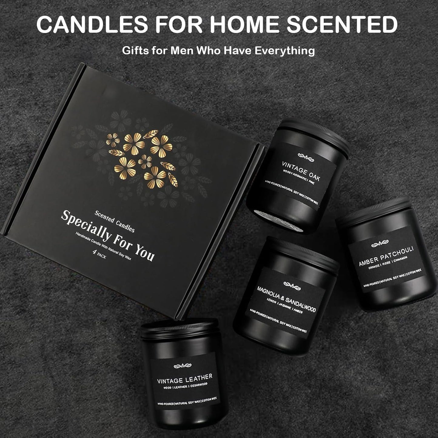 Scented Candles Gifts, Gift for Men, 4 Pack Candles Set, Soy Candle for Home Scented, Birthday Gifts Candle Set for Men Scents of Magnolia Sandalwood/Oak/Amber Patchouli/Leather