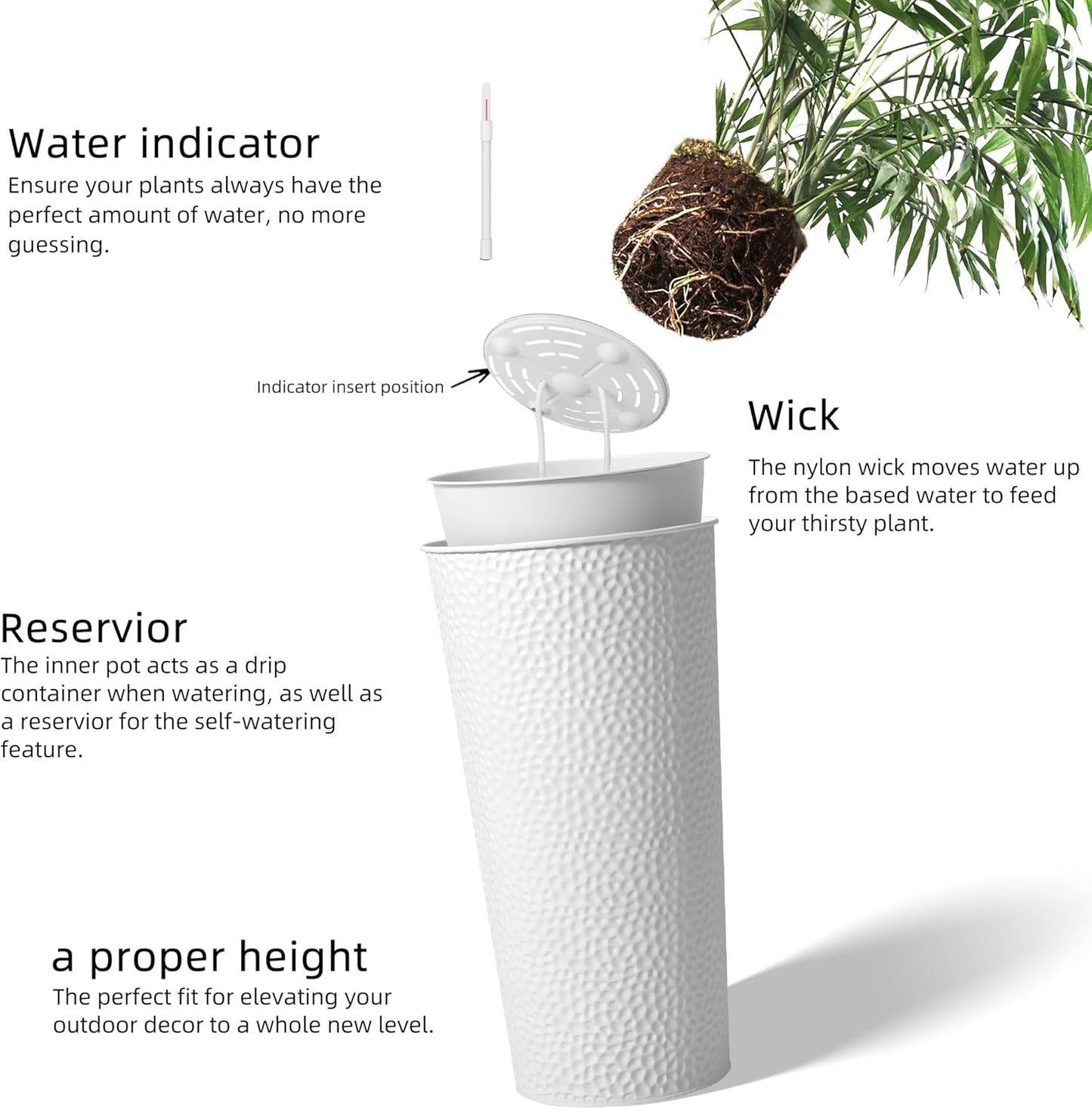 KOL 25" H. Metal Hand-Hammered Planters with Inner Pots 2-Pack, White Decor Planter for Deck, Patio, Porch - Galvanized Steel Handcrafted Flower Pot - w/Water Level Indicator - Indoor Outdoor Use