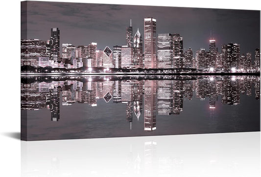 Conipit Chicago Wall Art Chicago Skyline Artwork City Night Downtown Picture Cityscape Painting Framed for Bedroom Home Office Decor 24"x48"