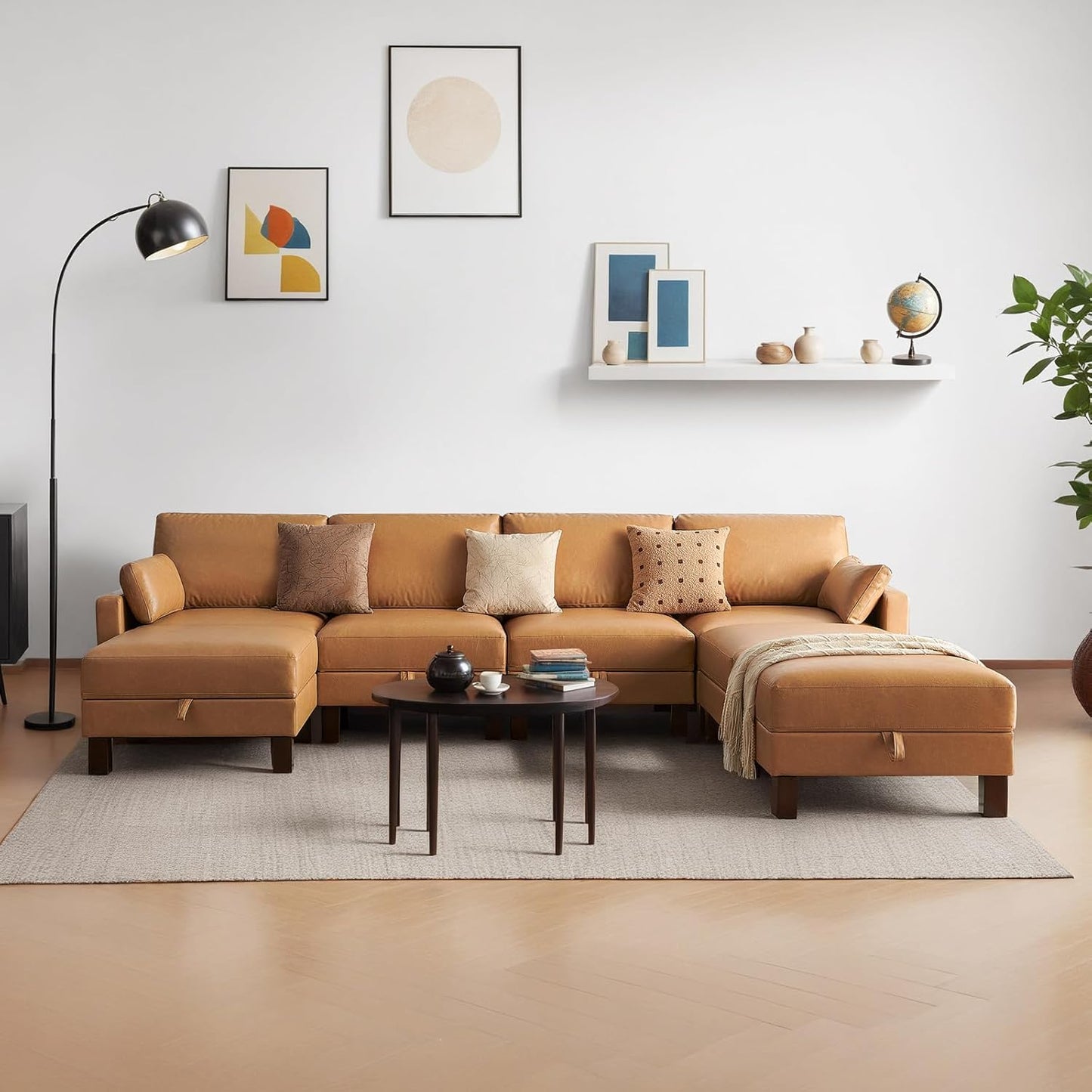 Faux Leather Modular Sofa Couch 128" Modern 7-Seat Sofa with Chaises, Upholstered Sectional Couch with Wood Square Legs for House, Living Room, Reception Room, Apartment, Tan