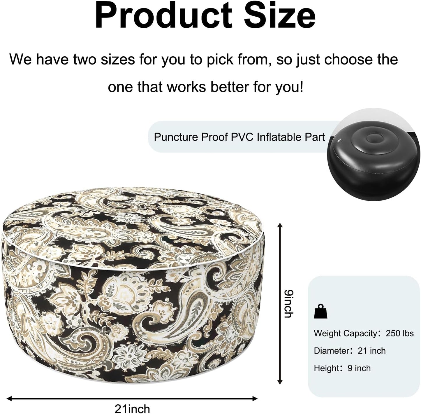 Inflatable Ottoman Stool D21 xH9 for Outdoor/Indoor Use, Water Repellent Patio Foot Rest Stool with Portable Handle,Round Pouf Ottoman Suitable for Garden,Deck and Camping - Paisley Black