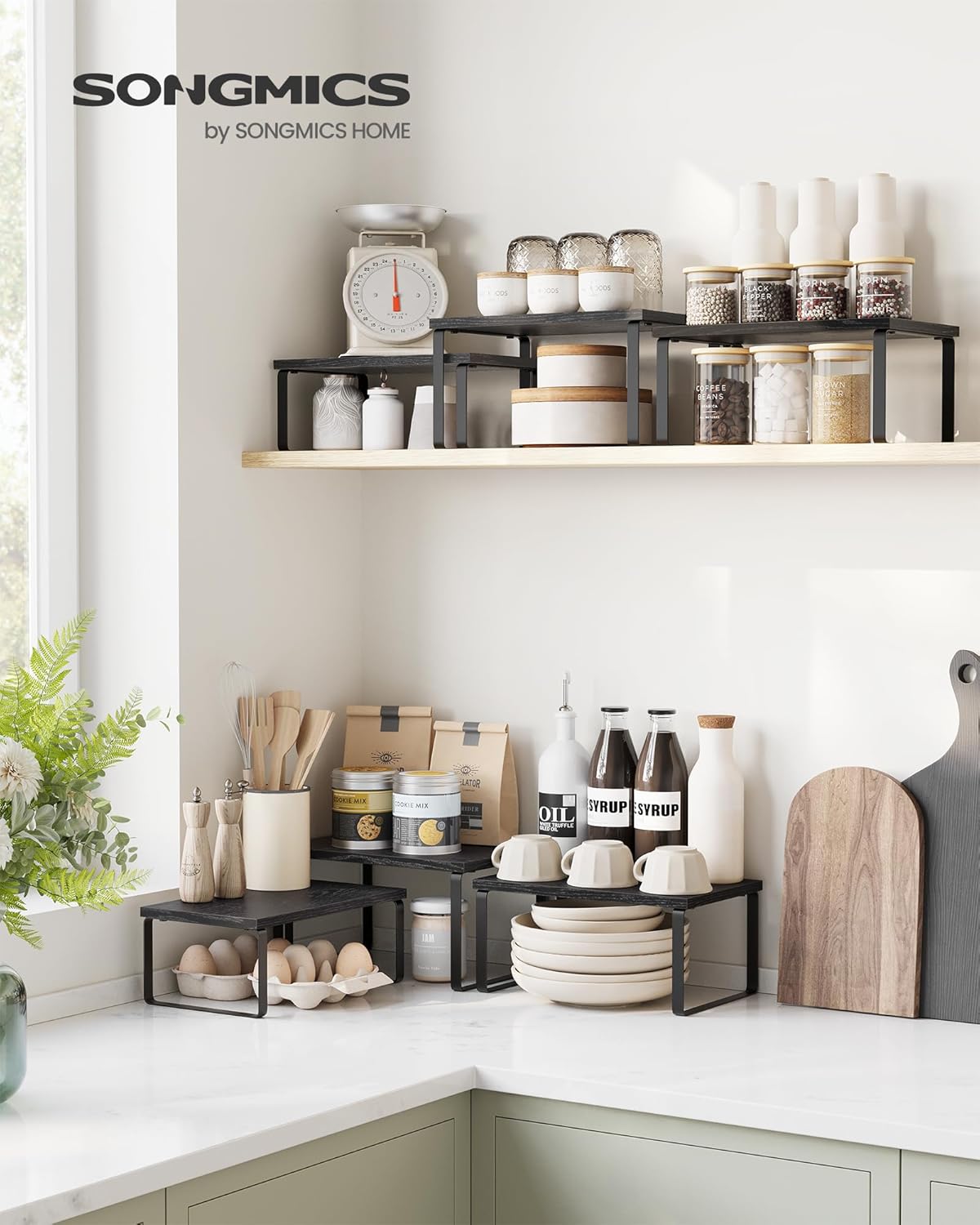 SONGMICS Cabinet Organizer Shelf, Set of 3 Kitchen Counter Shelves, Kitchen Storage, Spice Rack, Stackable, Expandable, Anthracite Gray and Matte Black UKCS220B01