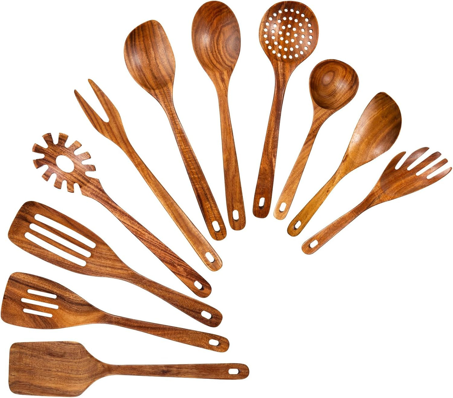 GUDAMAYE 11 PCE Wooden Spoons for Cooking, Wooden Kitchen Utensils Set,Wooden Cooking Utensils,Natural Teak Wooden Spoons For Non-stick Pan