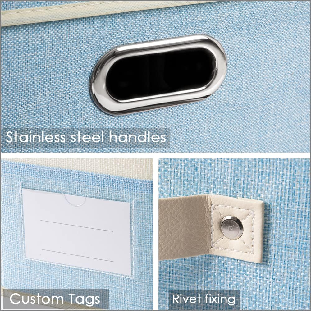 PRANDOM Large Foldable Storage Boxes with Lids [3-Pack] Fabric Collapsible Storage Bins Organizer Containers Baskets Cube with Cover for Home Bedroom Closet Office Nursery Blue&Cream(17.7x11.8x11.8)