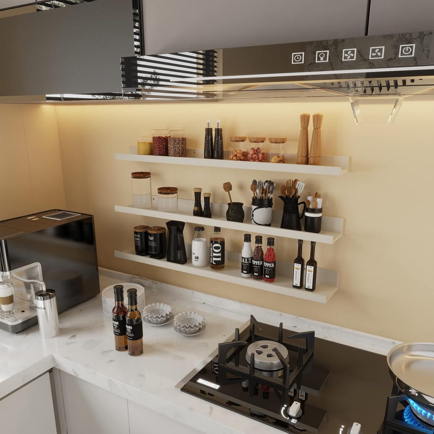 Giftgarden 36 Inch Floating Wall Shelves Creamy White Beige Wood-Grain, Large Picture Ledge Long Wooden Shelfs for Bedroom Living Room Kitchen Bathroom Nursery Office, Set of 3 Different Sizes