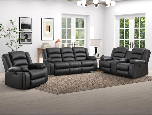 EBELLO Manual Faux Leather Recliner Sofa Set, Recliner Chair, Loveseat Reclining Sofa and 3 Seat Sofa, Couch Set for Living Room, Bedroom, Meeting Room, Black
