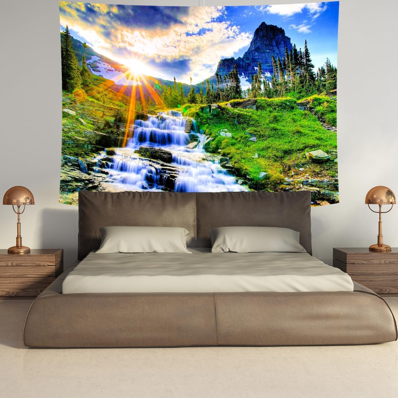 Delur Mountain Waterfall Tapestry Sunset Forest Tree Nature Landscape Tapestry Wall Hanging Tropical Sunrise Rainforest Psychedelic Scenic Headboard for Bedroom Living Room Home Decor (51.2" x 59.1")