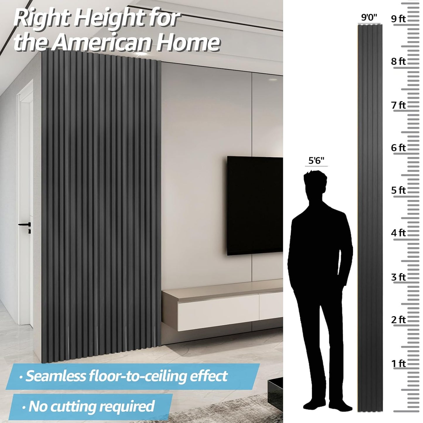 Art3d WPC Slat Wall Panels, 8-Pack 108 x 6 Inch 3D Wall Accents for Interior Wall Decor, Living Room, Bedroom, Black