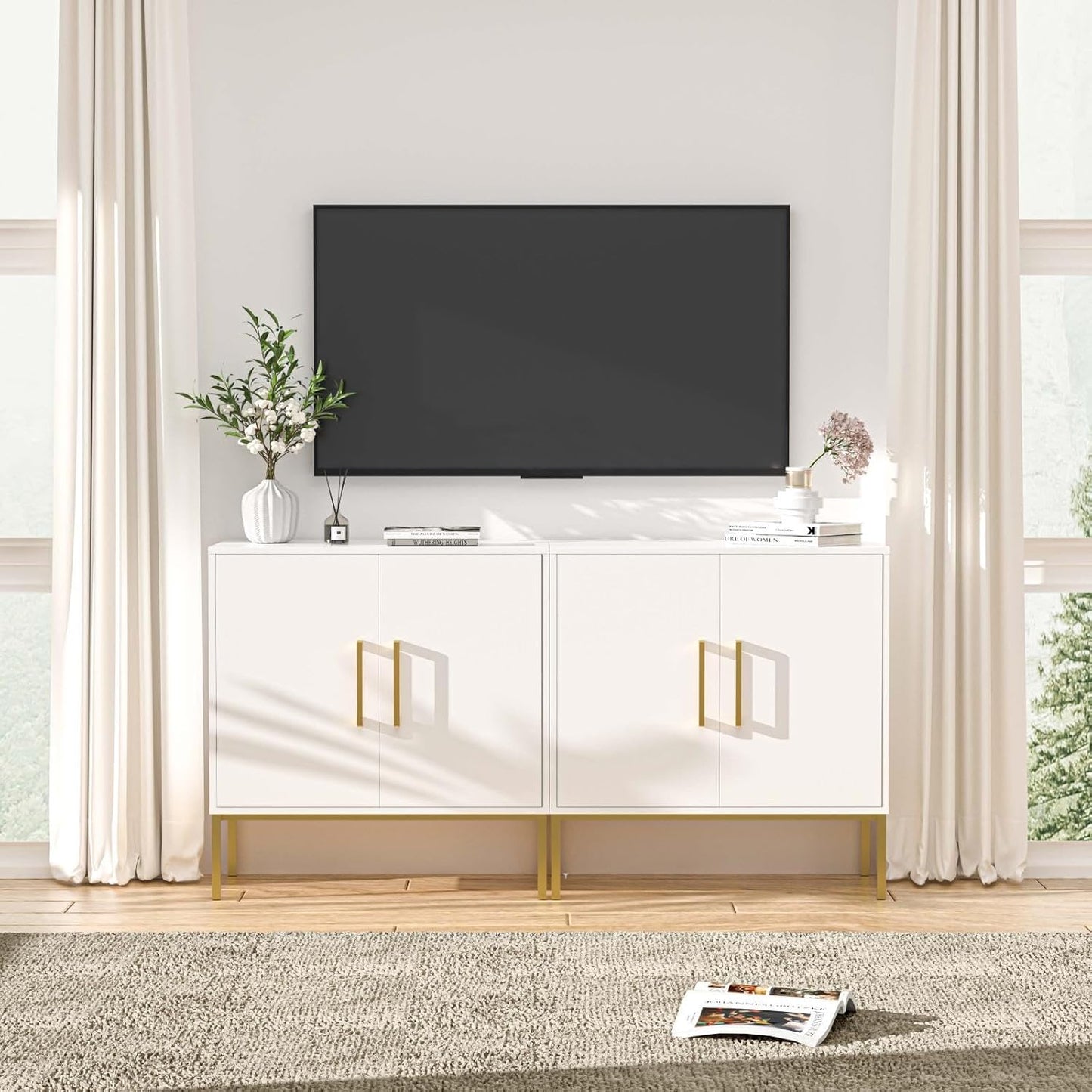 LYNSOM TV Stand for 55 Inch TV, Wood Entertainment Center with Storage Cabinet, TV Cabinet Black, Long Console Table for Living Room, Bedroom