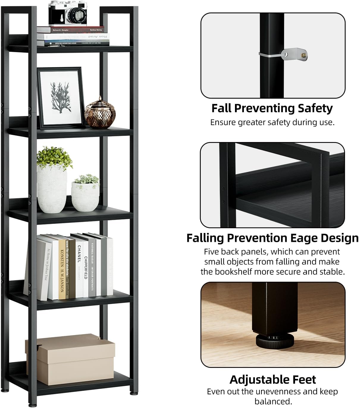 NUMENN Narrow Bookshelf, 5 Tier Bookshelves, Home Office Bookcase Shelf Storage Organizer, Free Standing Storage Shelving Unit for Bedroom, Living Room and Home Office, Black