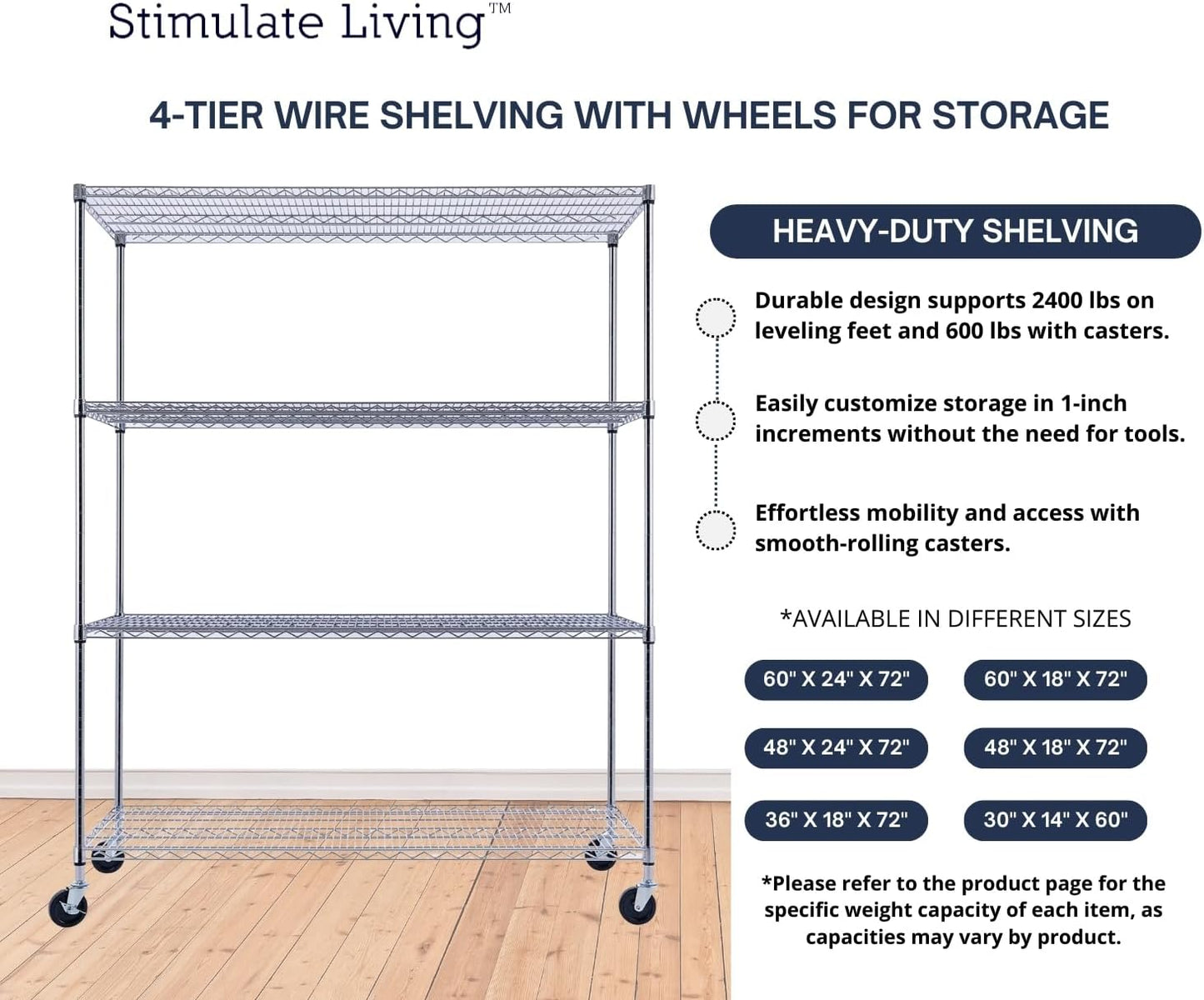 60"x24"x72" PRIME HEAVY DUTY Chrome 4-Tier Wire Shelving NSF 2400 LBS MAX Capacity Storage Rack for Commercial, School, Home, Garage, Warehouse, Industrial, and Hospital Uses (with Wheels)