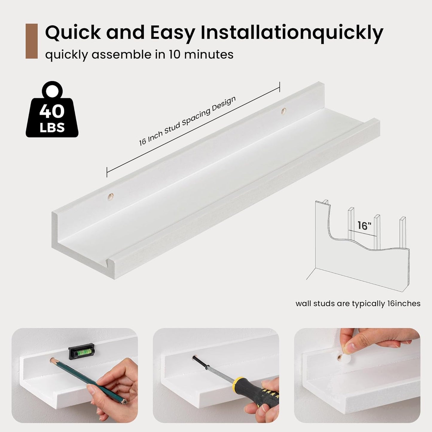 Picture Ledge Shelf, Solid Pine Wood Floating Shelves Set of 4, 16 Inches Nursery Book Shelves for Toys Storage, Kids Bookshelf Wall Mounted for Living Room Decor Photo Frames, White