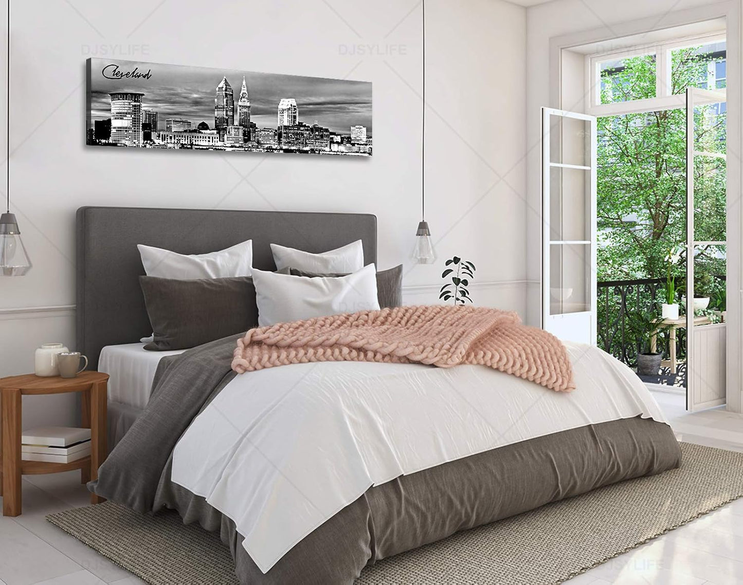 Cleveland Skyline Decor Wall Art Canvas Prints Black and White Night View USA Cityscape Panoramic Painting for Bedroom Office Framed and Ready to Hang 13.8"x47.3"