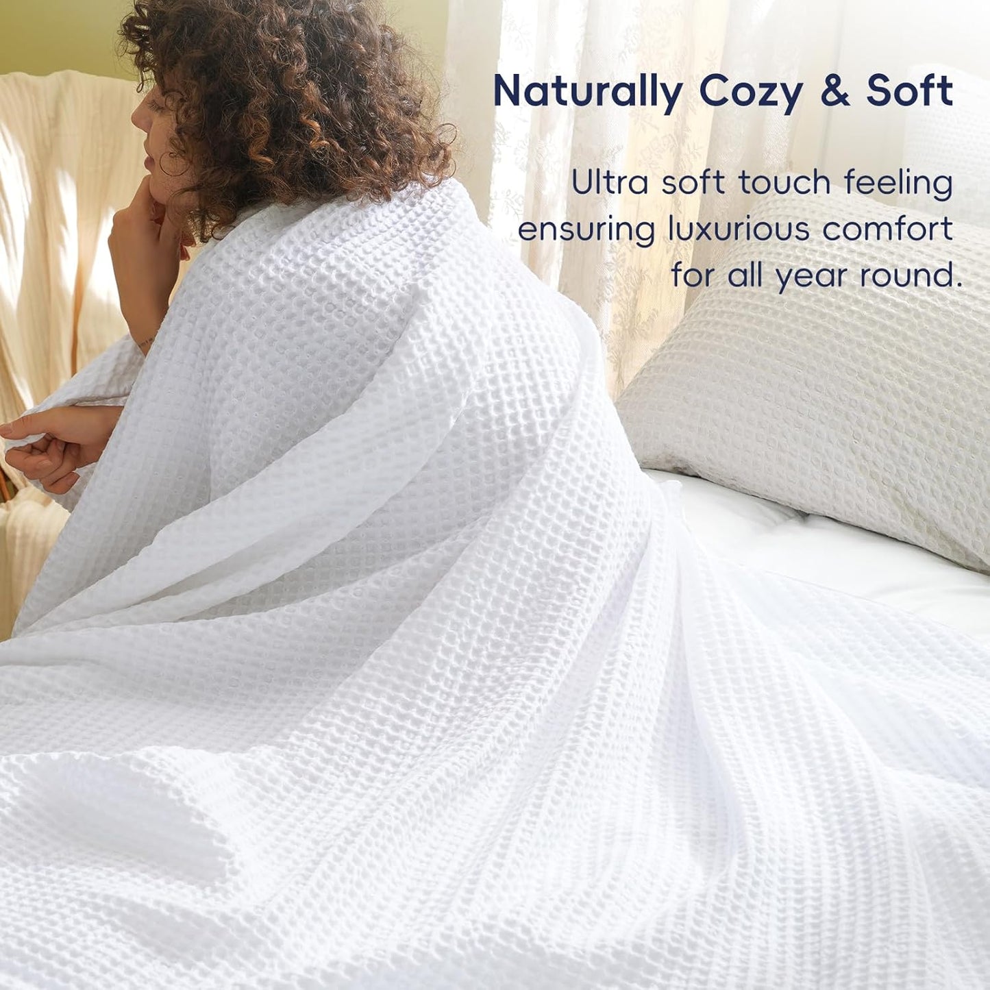 PHF Ultra Soft Waffle Weave Throw Blanket 50"x 60"- Washed Lightweight Breathable Cozy Woven Blanket for Bed - Aesthetic Decor for Couch Bedding Sofa Home Car - White