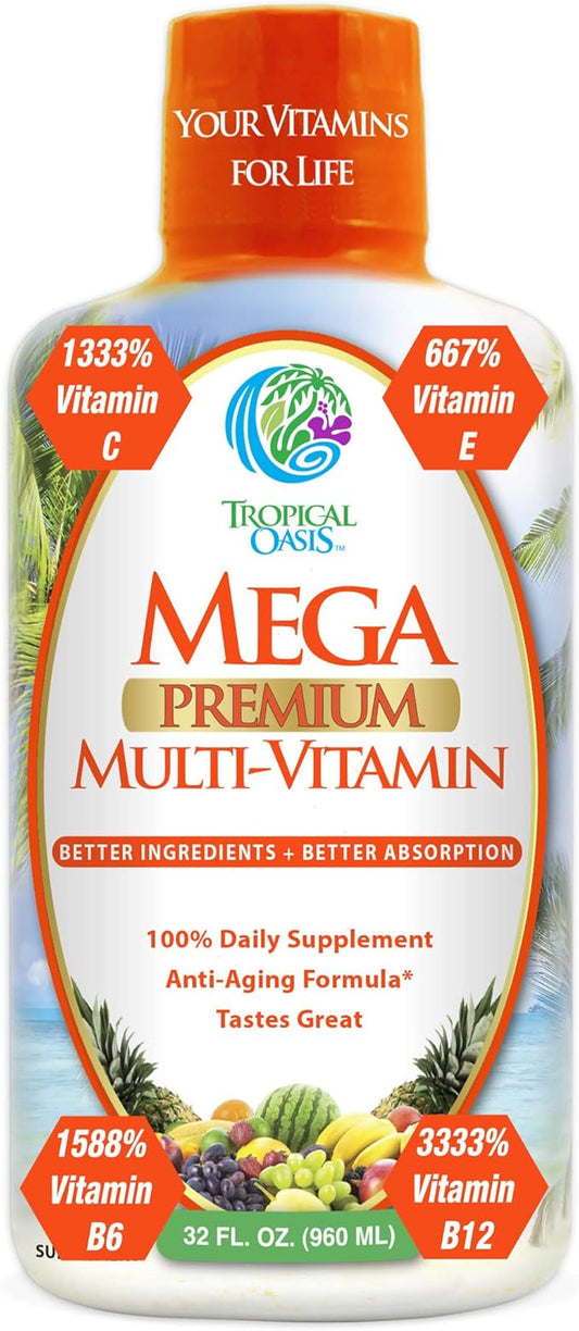 Mega Premium Liquid Multivitamin 1333% Vitamin 200% D3, D3, Zinc 20 Vitamins, 70 Minerals, 21 Amino 98% Absorption 32 Serv