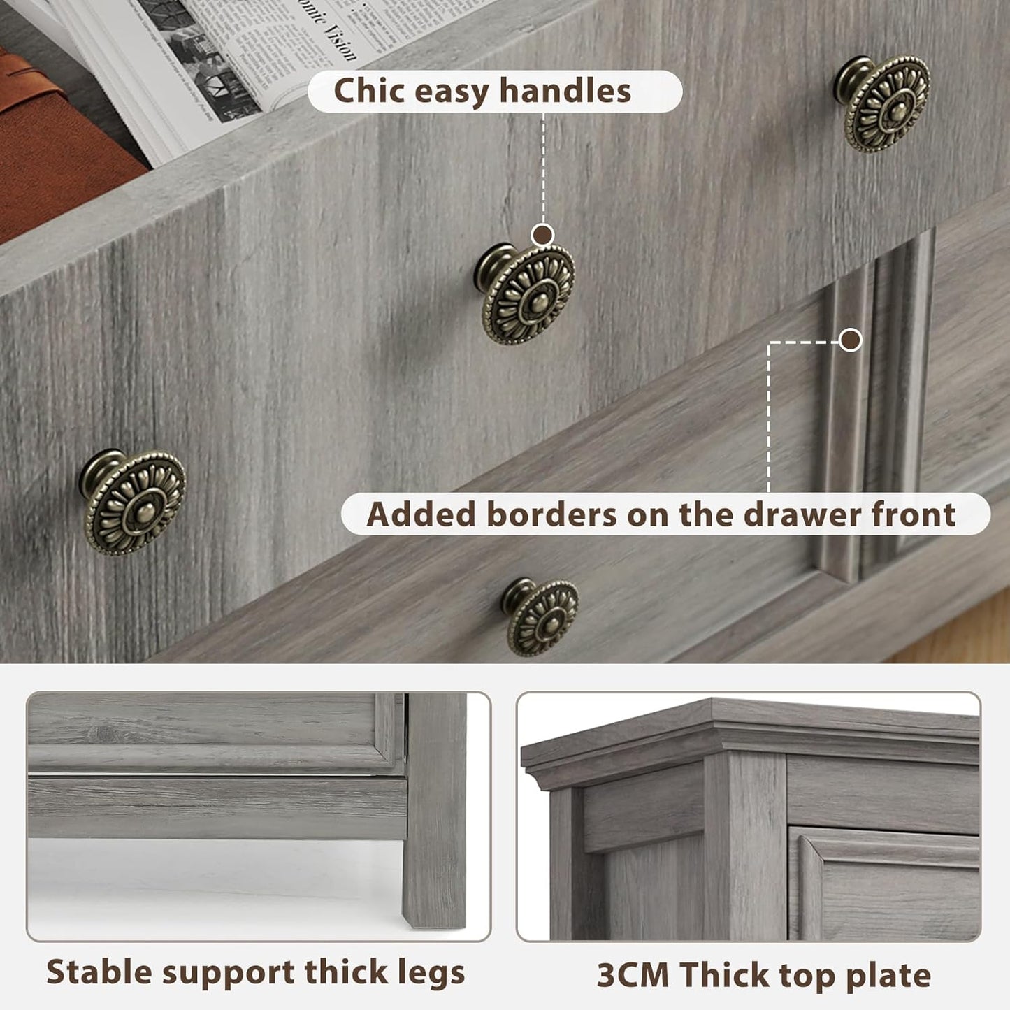 LGHM Large 9 Drawers Dresser, Long Dressers for Bedroom, Chests of Drawers TV Stands, Sturdy and Stable Storage Organizer - Thick Support Legs Design, 6" Deep Drawer for Living Room, Hallway, Gray