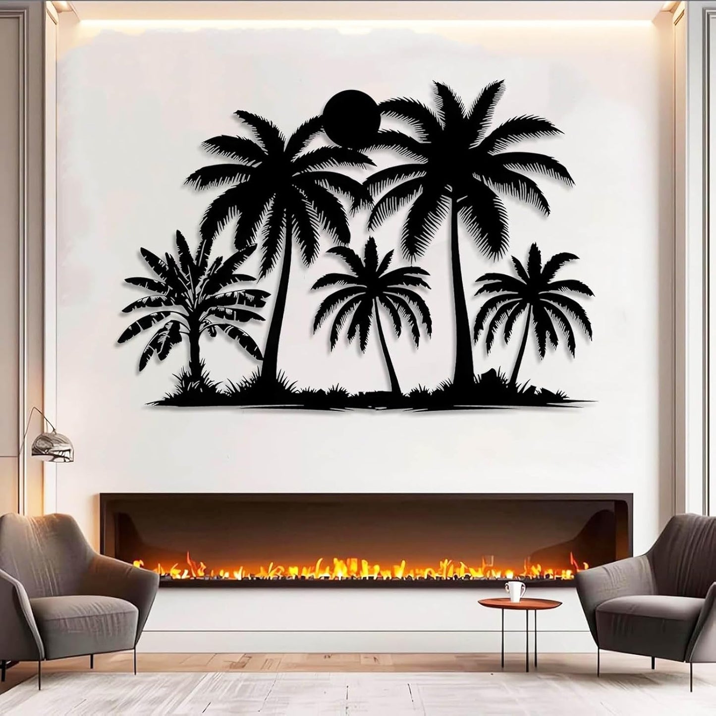 Tuglona Metal Palm Tree with Sunset Wall Decor, Tropical Palm Tree Metal Wall Art, Tropical Wall Decor, Sun Wall Art, Beach Wall Decoration, Coastal Trees Wall Hanging (Silver, 41"x29"/105x73cm)