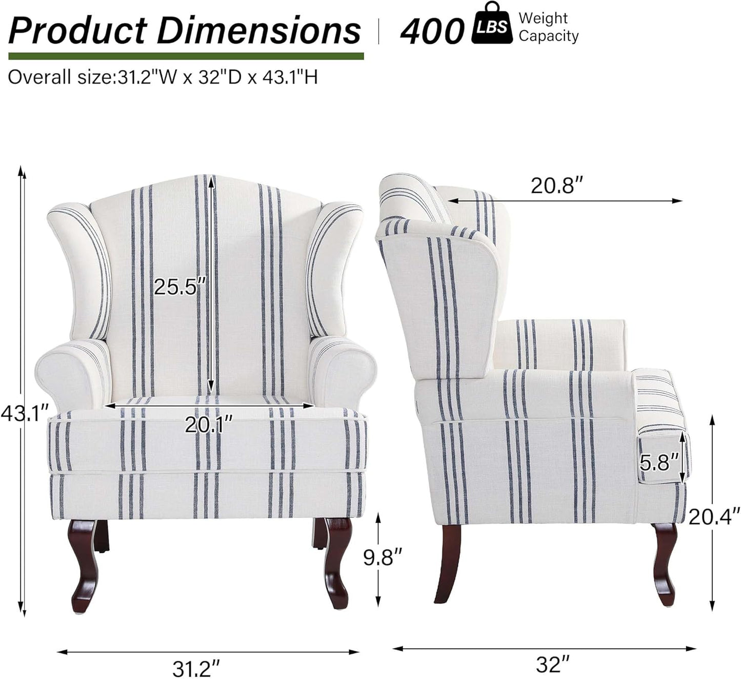 Accent Chair, High Back Upholstered Armchair with High Resilience Sponge & Wood Legs, Mid-Century Modern Comfy Single Sofa Reading Chairs for Living Room, Bedroom (Stripe Navy, Set of 1)