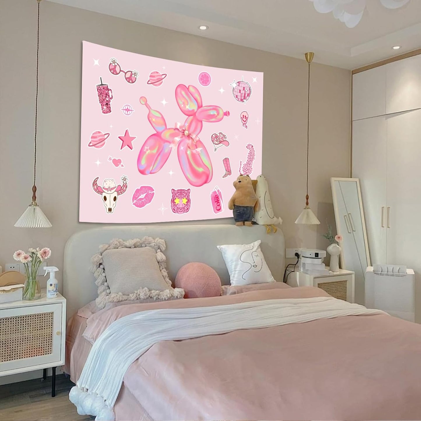 Lunerfex Y2K Tapestry Pink Dog Wall Tapestry, Cute Tapestries for Bedroom Funny Tapestries Wall Hanging for Bedroom Living Room Decor Pink-6 44"x60"