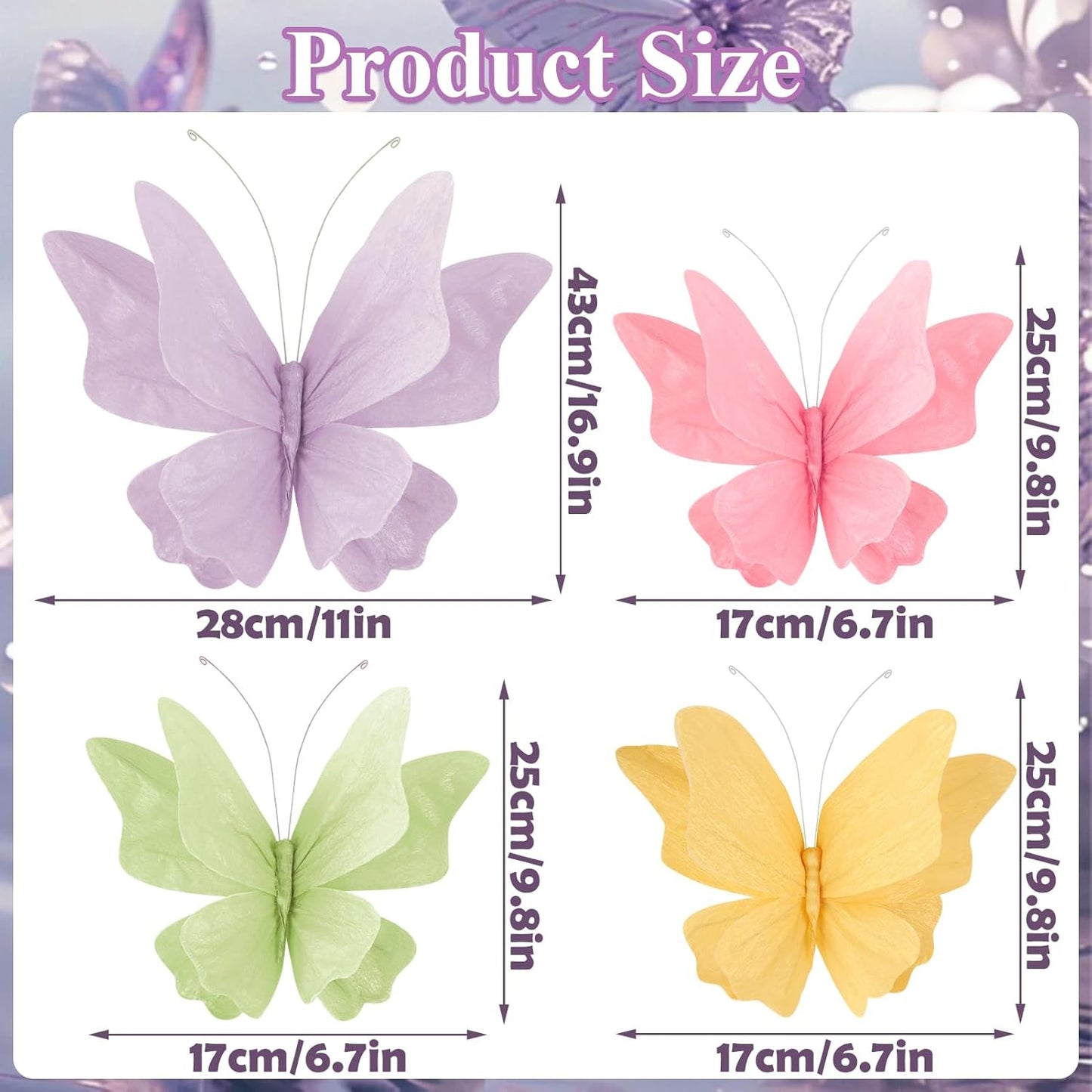 SUNBEAUTY Butterfly Party Decorations, 3D Paper Butterfly Decoration, Hanging Paper Butterfly for Baby Shower Decorations Girls, Women, Paper Flowers for Wall Decoration, Set of 4