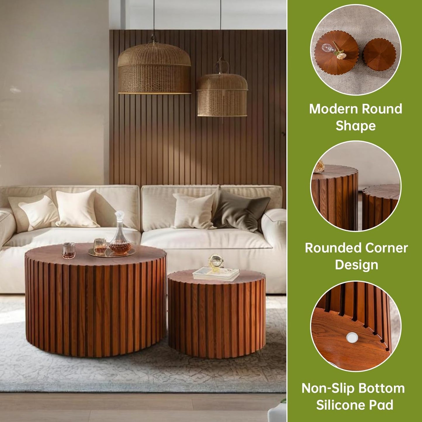 Round Nesting Coffee Table Modern Brown Fluted Coffee Table Set of 2 for Living Room Circle Drum Coffee Tables Round Nesting Tables for Small Spaces (Walnut 27in)