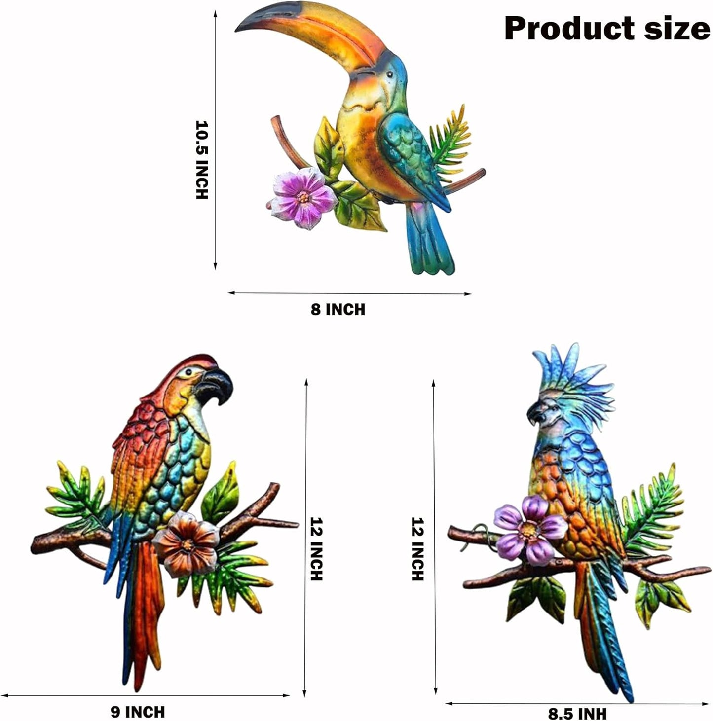 J-Fly Metal Parrot Wall Decor Tropical Outdoor Wall Decor Parrot Outdoor Wall Art Metal Bird Toucans Decor Patio Fence Garden Home Kitchen Decor 11 Inch