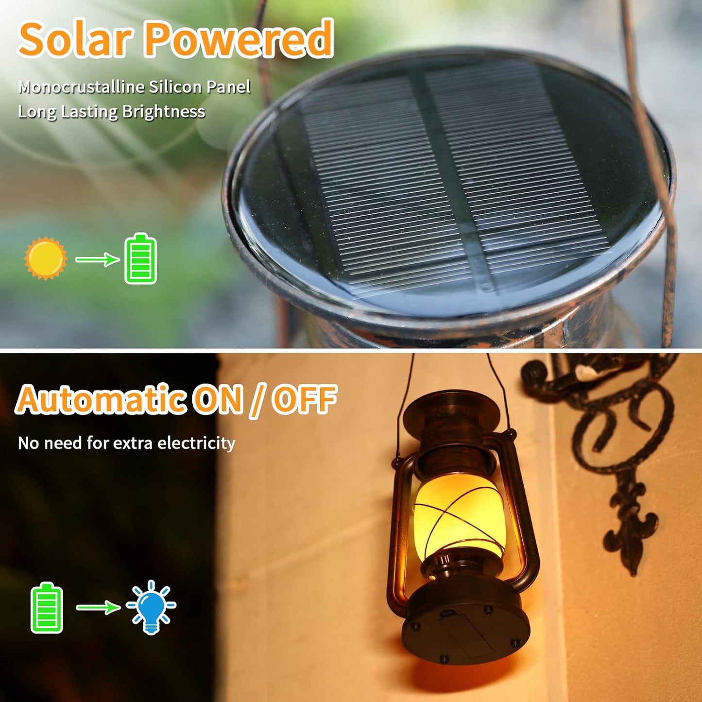 2 Pack Solar Hanging Lantern Outdoor, Solar Powered, Auto On/Off Waterproof LED Flame Umbrella Vintage Lights for Garden, Patio, Yard, Flickering Flameless Candle Mission Lights for Table, Party