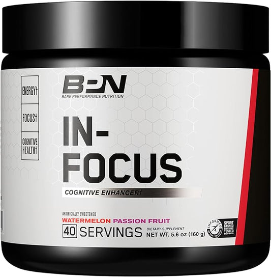 BARE PERFORMANCE NUTRITION, BPN in-Focus Brain Support Supplement, Improve Focus & Energy, Alpha GPC, Watermelon Passionfruit, 40 Servings
