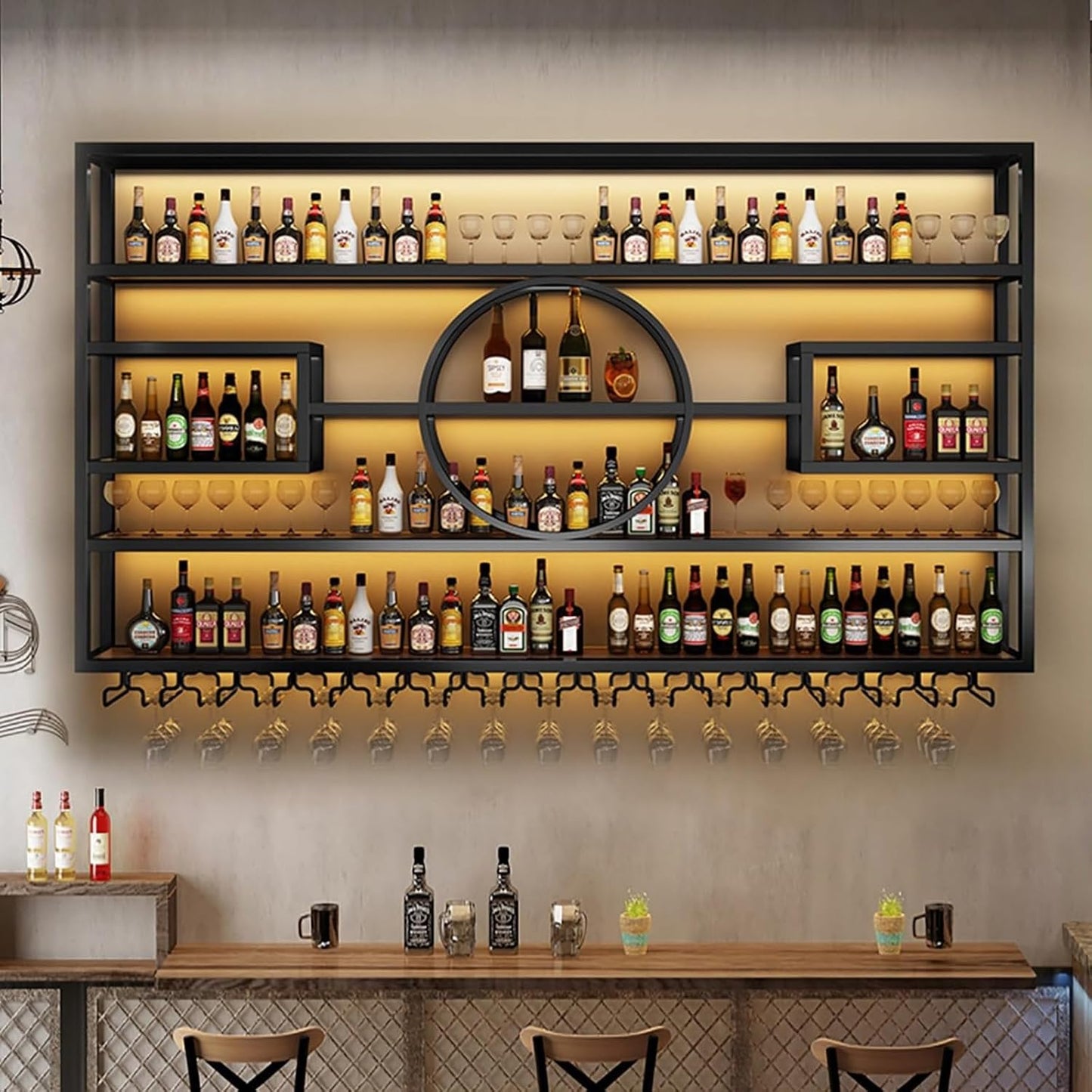 55.1in Wall Mounted Wine Rack, Modern Metal Wine Bottle and Glass Holder, Iron Display Stand Decorative Wine Rack, for Bar Living Room Dining Room Background (Black, 55.1 * 8 * 51INCHES)