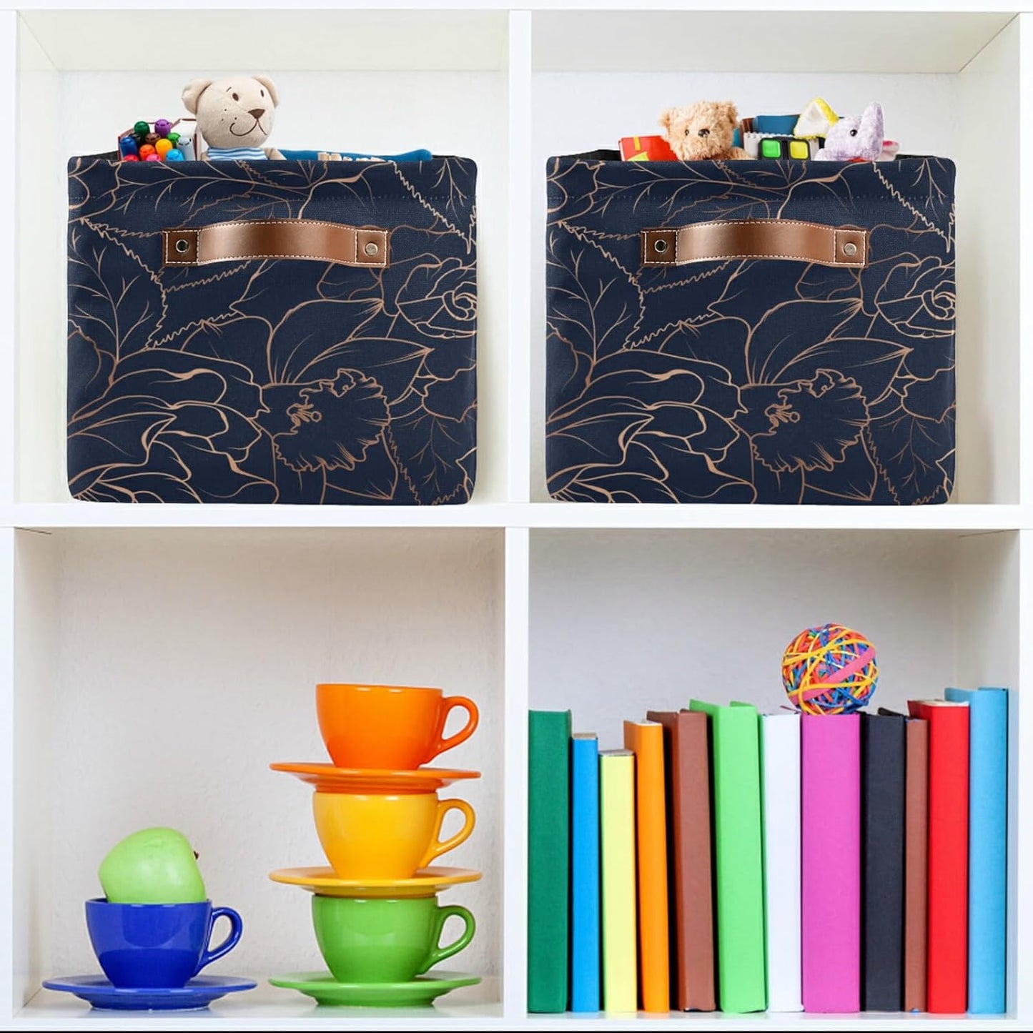susiyo Large Foldable Storage Bins Collapsible Decorative Fabric Storage Baskets with Leather Handles for Home Closet Bedroom Organizer Nursery 2 Pack,Navy Blue