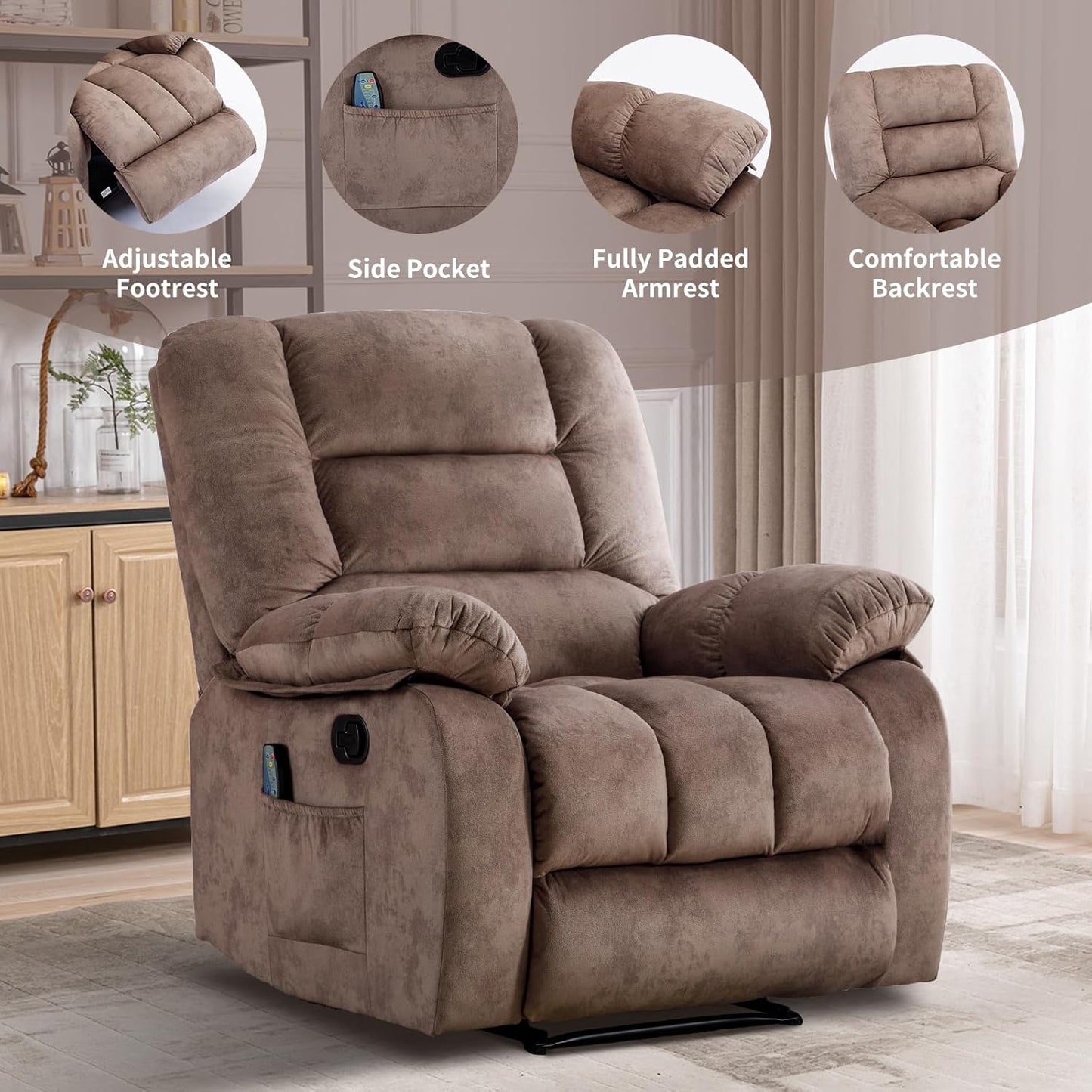 Massage Recliner Chair with Heat and Massage, Soft Fabric Ergonomic Manual Reclining Chairs, Heavy Duty Reclining Sofa Chair with Side Pockets for Living Room (Tan)