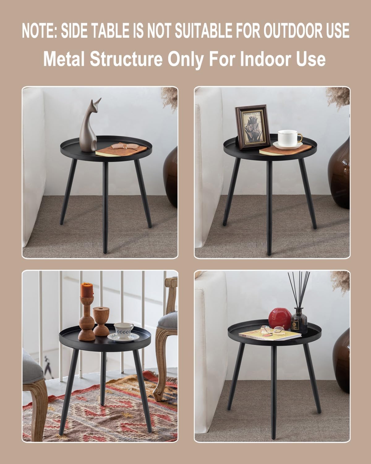 AOJEZOR Side Table: End Table for Indoor Use - Small Side Tables for Small Spaces All Matte Black with 3 Legged