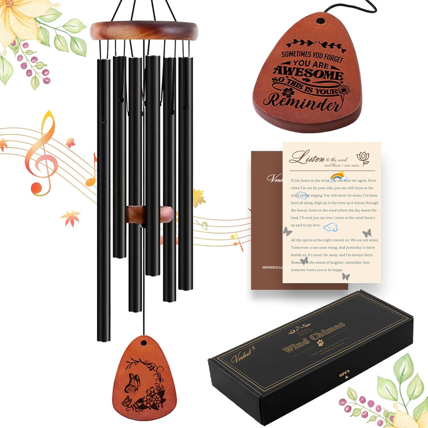 Wind Chimes for Outside, 32" Butterfly Windchime for Outdoor, Butterfly Gifts for Women Mom Sister, Garden Patio Gift Ideas for Friend Co-Worker (Black)