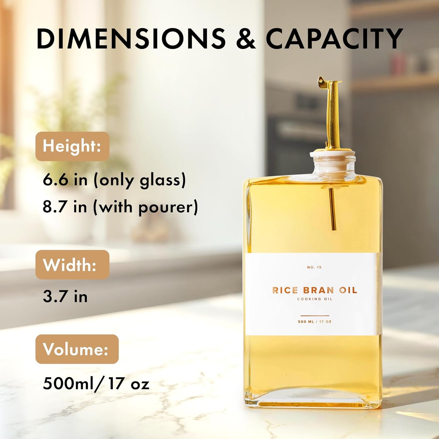 Glass Olive Oil Dispenser Bottle Set [2x17oz]: 36 Premium Gold Labels, Oil Dispenser for kitchen, Vinegar Bottle Set, Glass Dispensers for Soy Sauce, Syrup Bottles | Set of 2