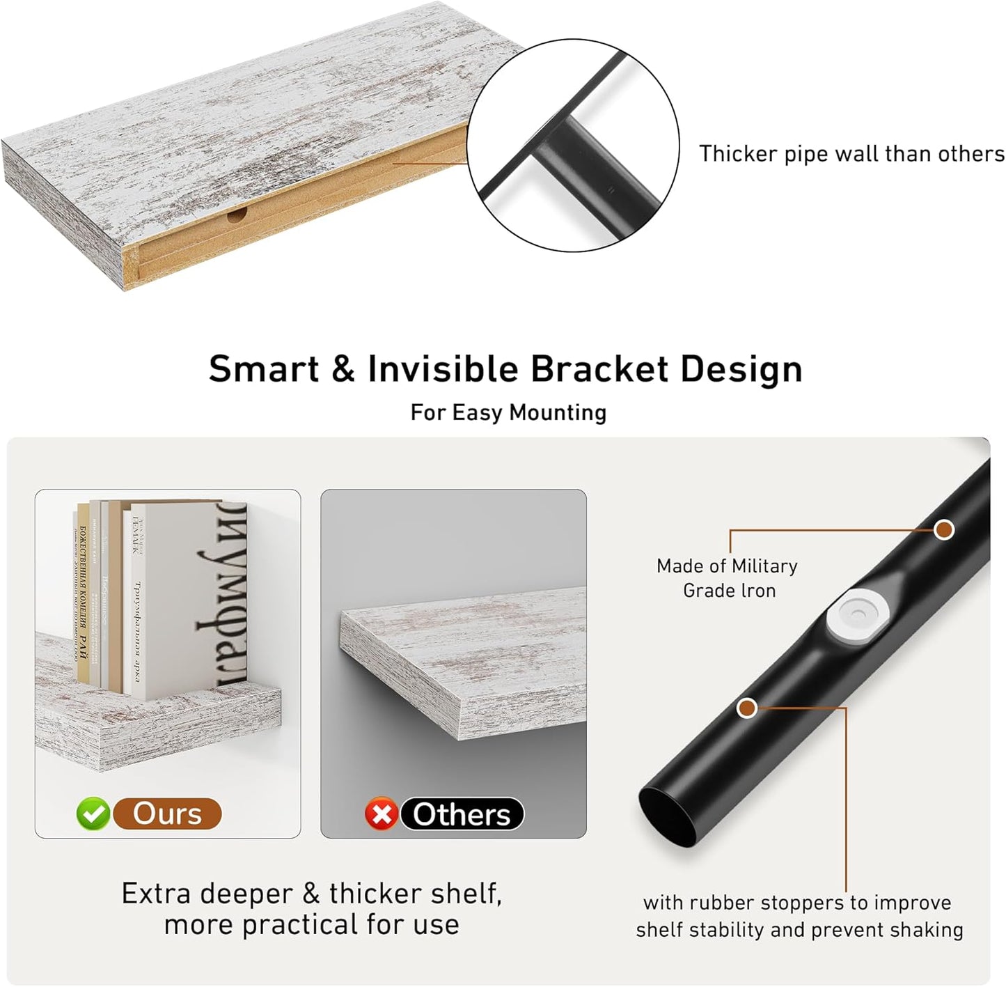 Fun Memories Deep Floating Shelves - 16" W x 9" D x 1.6" H Rustic Grey Wall Shelf - Wall Mounted Shelves for Storage - Wooden Shelves with Invisible Brackets for Living Room, Farmhouse - Set of 2