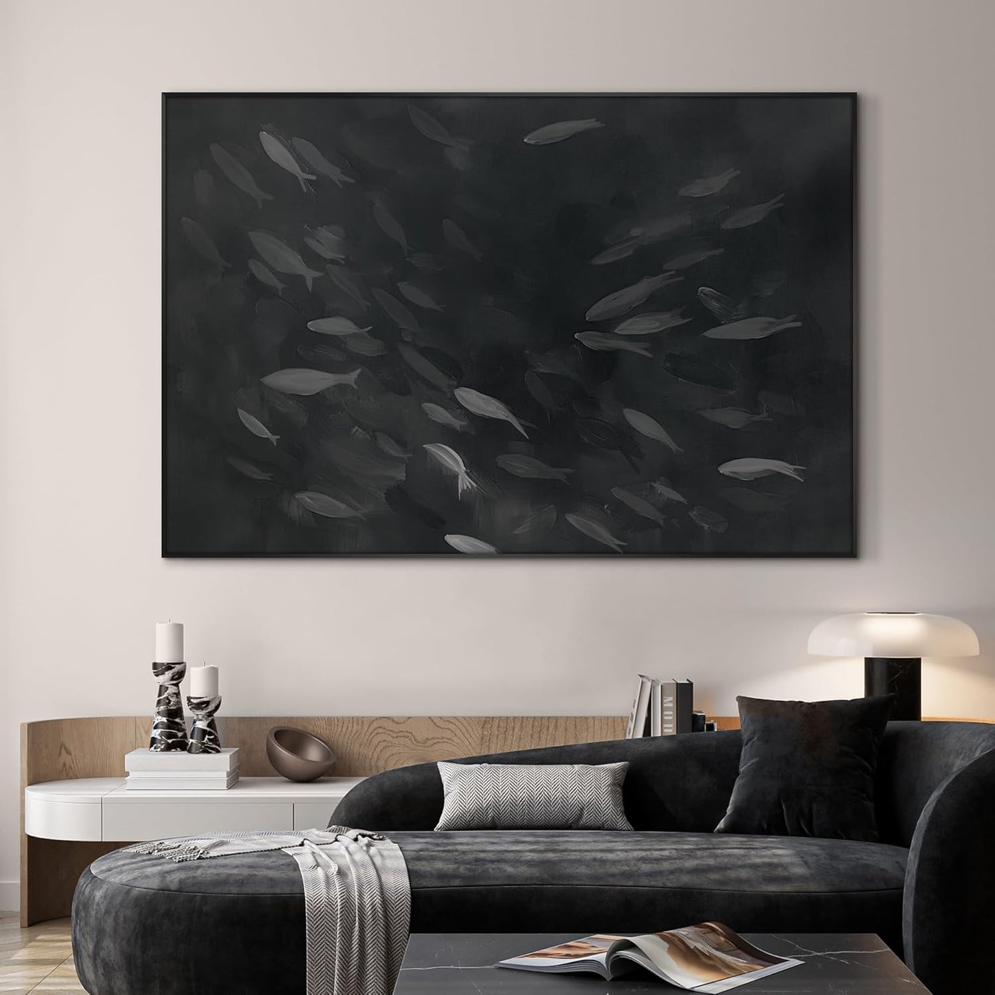 SIGNWIN 46"x72" Extra Large Framed Wall Art Monochrome Fish Silhouettes Illustration for Home Living Room Bedroom Decor (Frame Assembly Required)